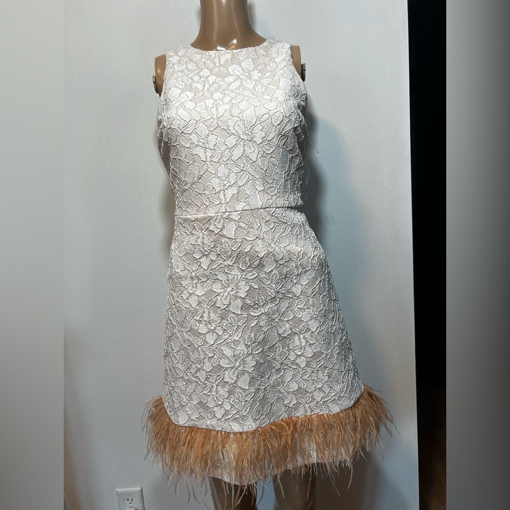 Taylor White Lace Mini Dress with Tan Feather Trim